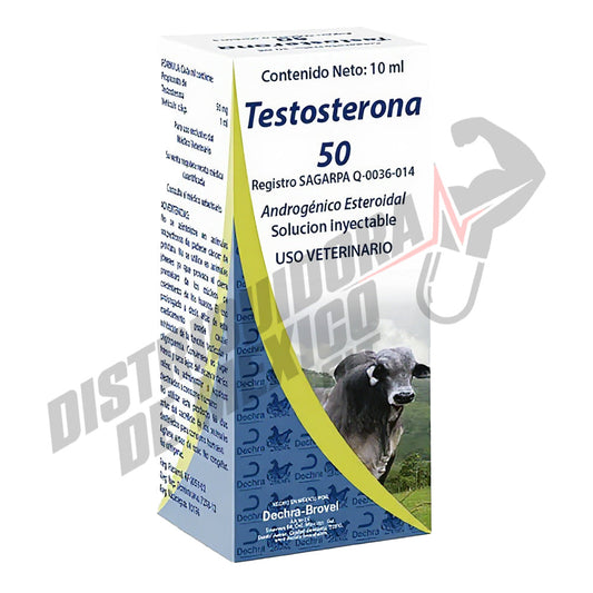 Suplemento Testosterona 50ml Veterinario Brovel con 50mg/ml, solución inyectable para uso en bovinos y equinos. Presentación con imagen de toro.